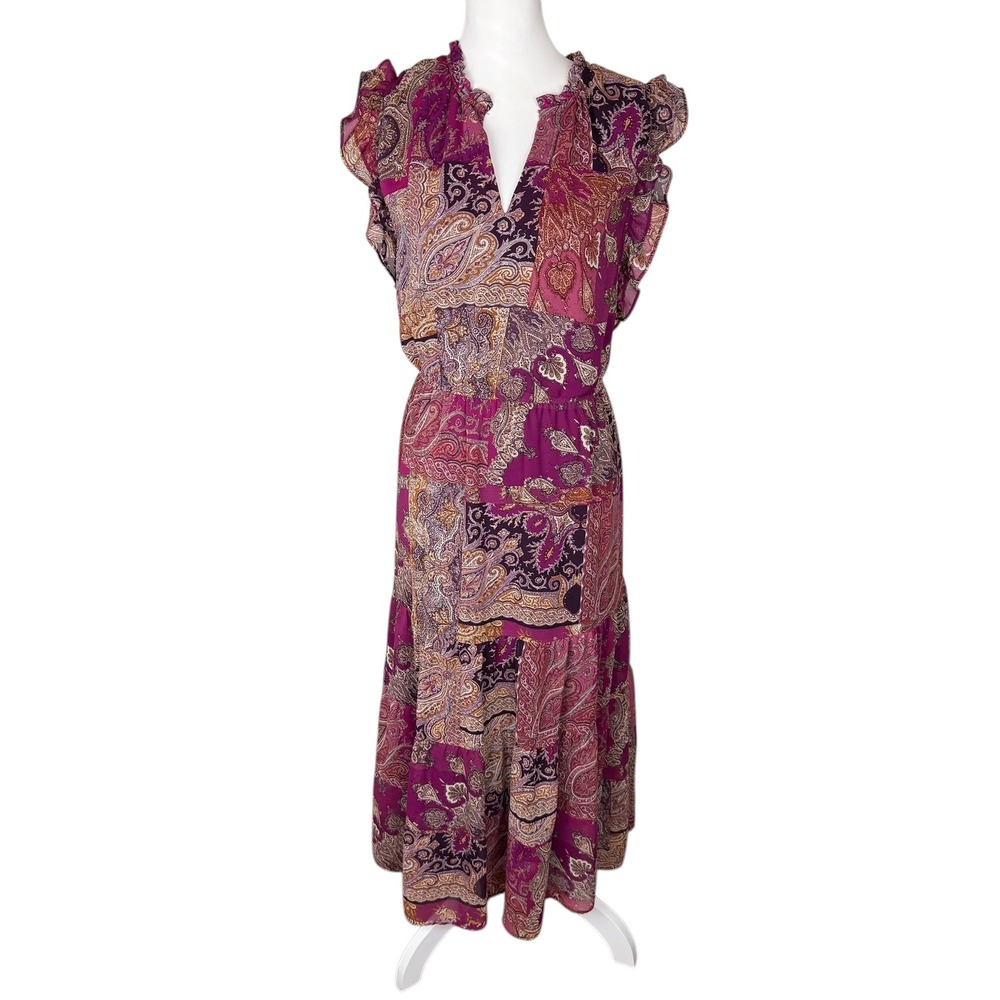 Sandra Darren Purple Paisley Patchwork Ruffle Tiered Midi Dress Size 16